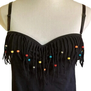 GLO Jeans Fringed Beaded Black Festival Top, Size XL (Junior),‎ w Padded Bra